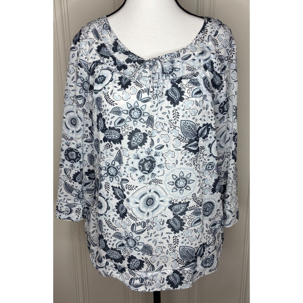 Eddie Bauer Womens Sz L blue floral 3/4 sleeve cotton cottagecore boho peasant